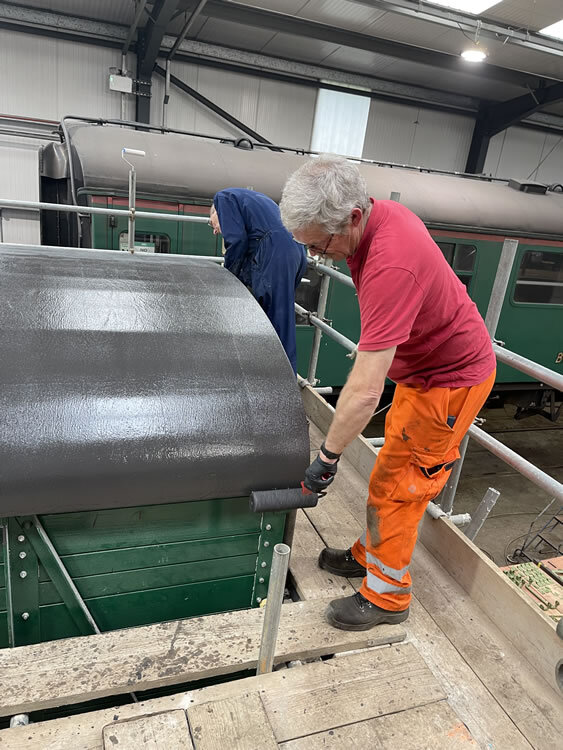 Heritage railway carriage restoration. New Canvas roof, flexible, watertight and tear resistant system developed and supplied by Specialist Coatings GB Ltd